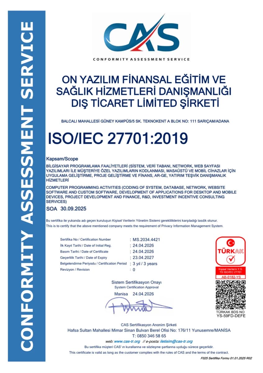 ISO/IEC 27701:2019 Kişisel Verilerin Yönetim Sistemi sertifikası