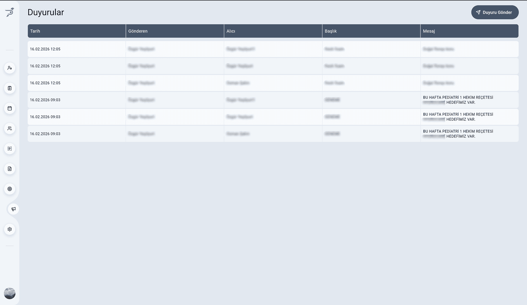 Pharmon Assist duyuru yönetimi ve bildirim listesi ekranı