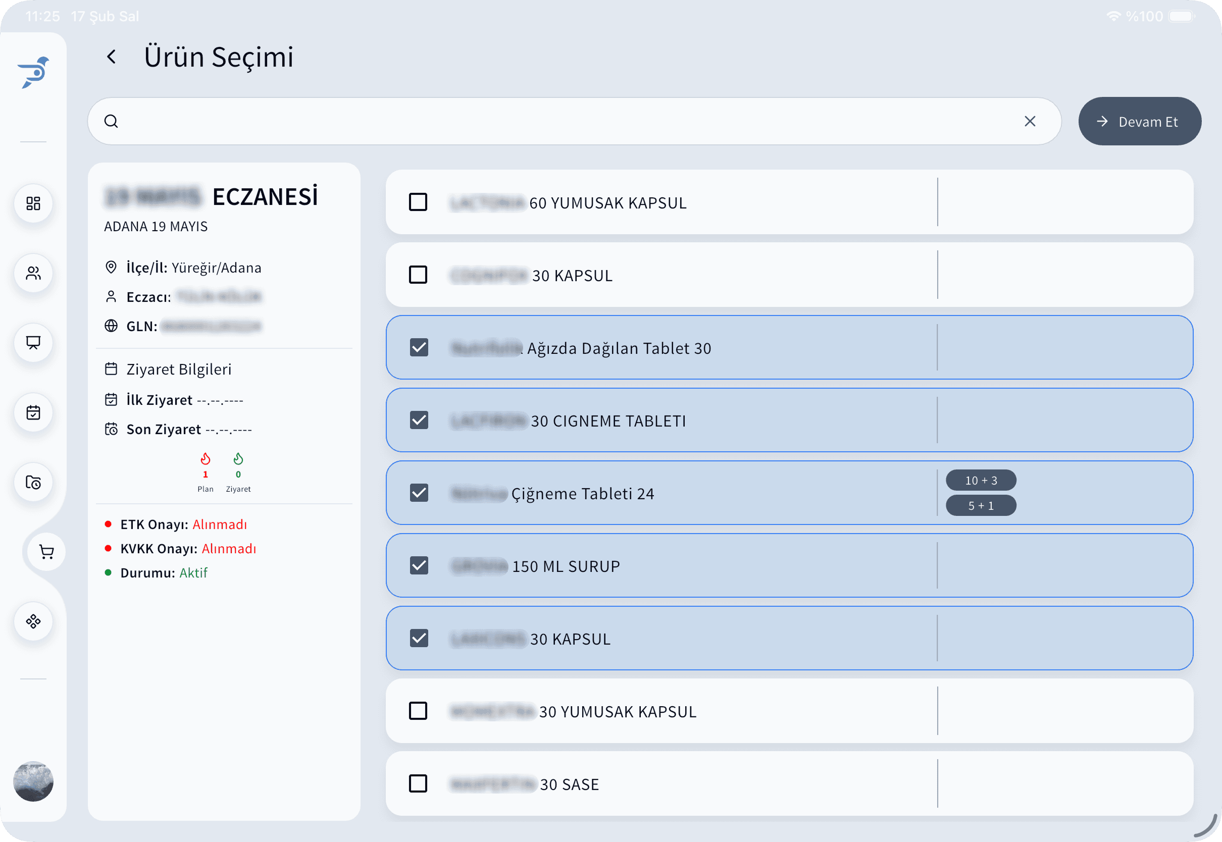 Pharmon Assist ürün seçimi ve sipariş tamamlama ekranı