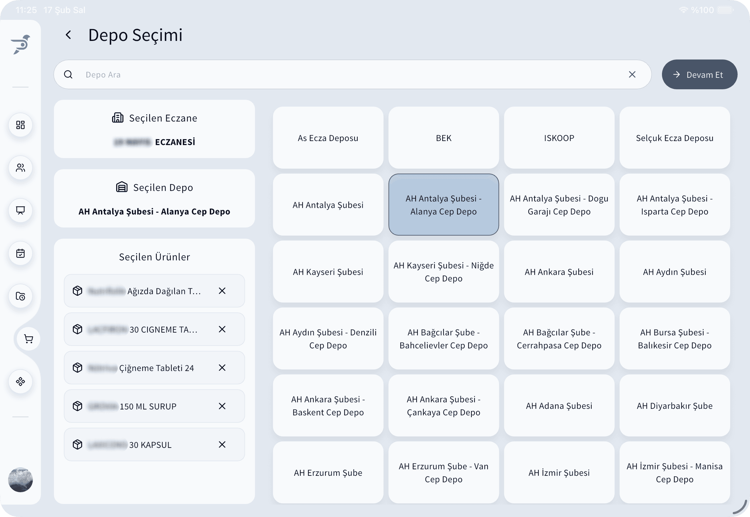 Pharmon Assist depo seçimi ve sipariş özet ekranı